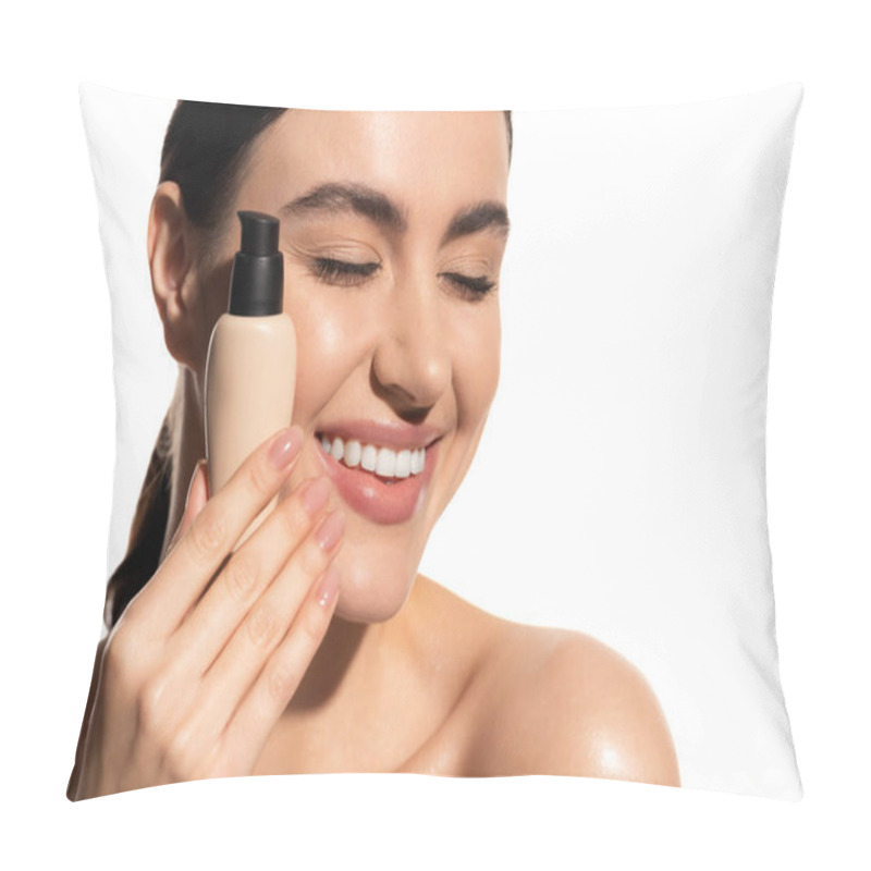 Personality  Pleased Woman With Closed Eyes Holding Bottle With Liquid Makeup Foundation Isolated On White Pillow Covers