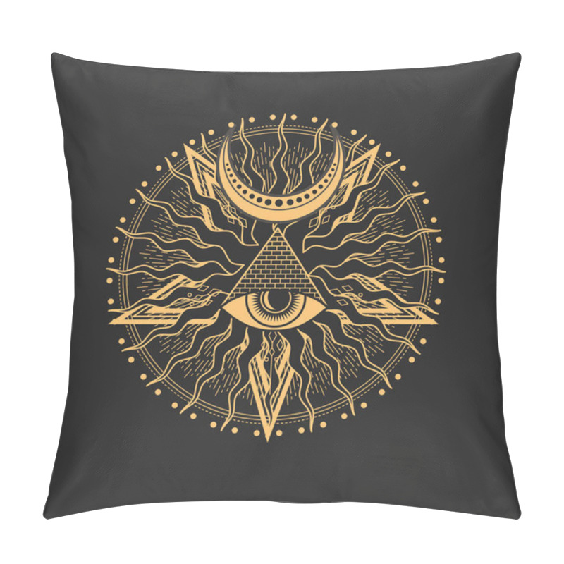 Personality  Esoteric Occult Mason Symbol Vector Eye Of Providence In Egyptian Pyramid Inside Of Circle With Sun Rays And Crescent. Masonic Or Illuminati Spiritual Symbolic, Occultism Alchemy Or Tarot Sign Pillow Covers