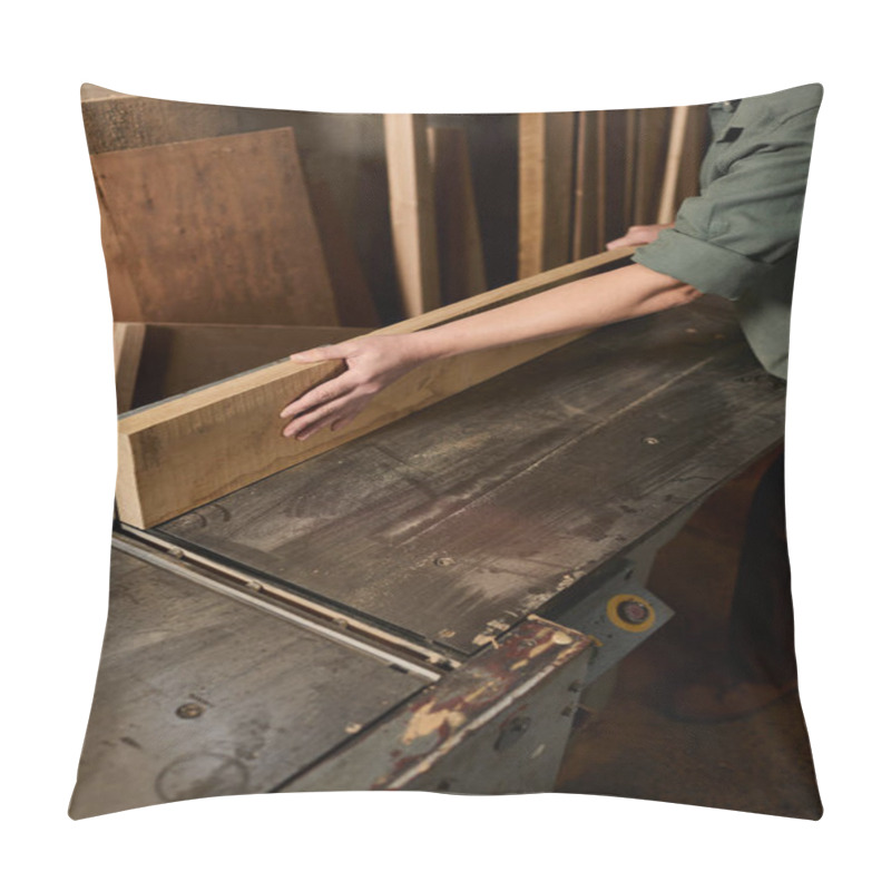 Personality  A Dedicated Carpenter Works Meticulously With A Wooden Plank In A Bustling Workshop, Showcasing Craftsmanship. Pillow Covers