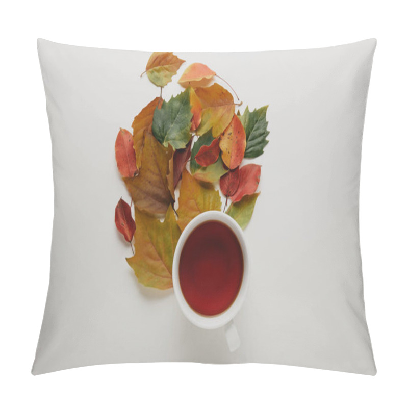 Personality  Flat Lay With Fallen Leaves And Cup Of Hot Tea On White Background Pillow Covers