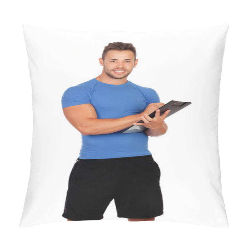 Personality  Handsome Personal Trainer With A Clipboard Pillow Covers