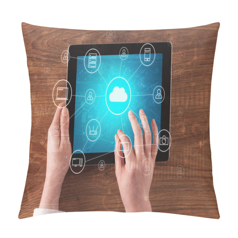 Personality  Hand Using Tablet With Centralized Cloud Computing System Concept Pillow Covers