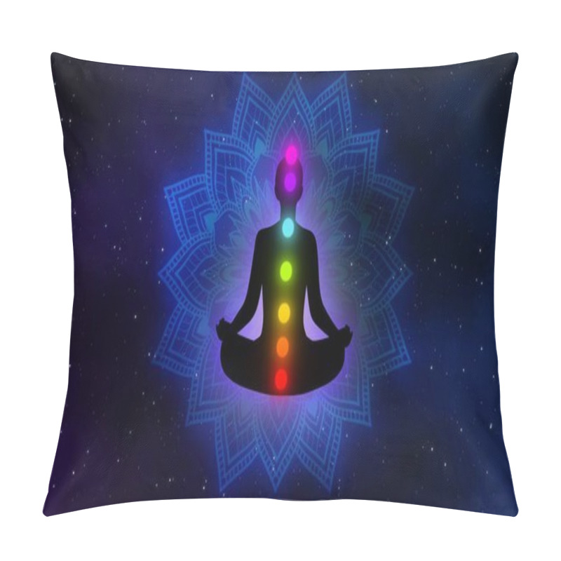 Personality  Meditation Man With Aura, Seven Chakras, And Glow Mandala In The Galaxy Illustration Concept Design Background. Pillow Covers