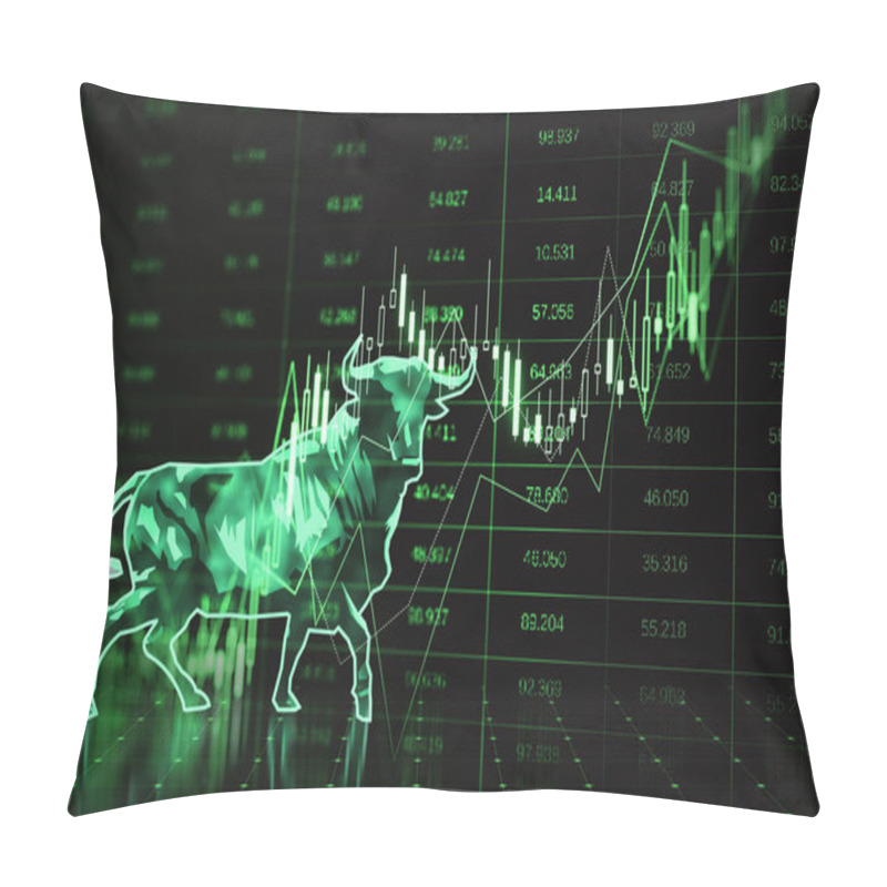 Personality  Abstract Green Candlestick Bear And Bull Forex Chart Hologram On Dark Background. Trade And Market Concept. 3D Rendering Pillow Covers