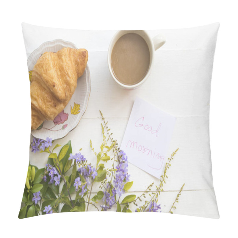 Personality  Good Morning With Hot Coffee , Dessert Snack And Flower Morning Breakfast On Background White Flat Lay Style  Pillow Covers