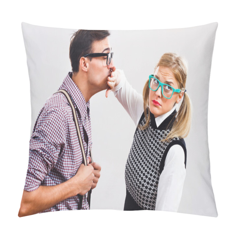 Personality  Man Trying To Kiss Woman Pillow Covers