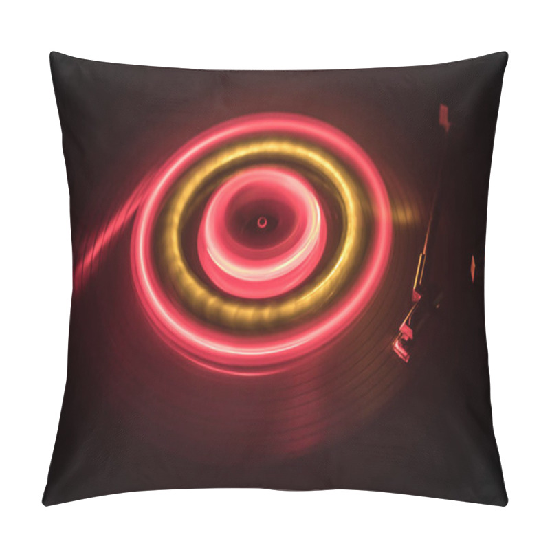 Personality  Music Concept. Freezelight Glowing Vinyl On Dark Background Or Turntable Playing Vinyl With Glowing Abstract Lines Concept On Dark Background. For Club Poster Design Pillow Covers