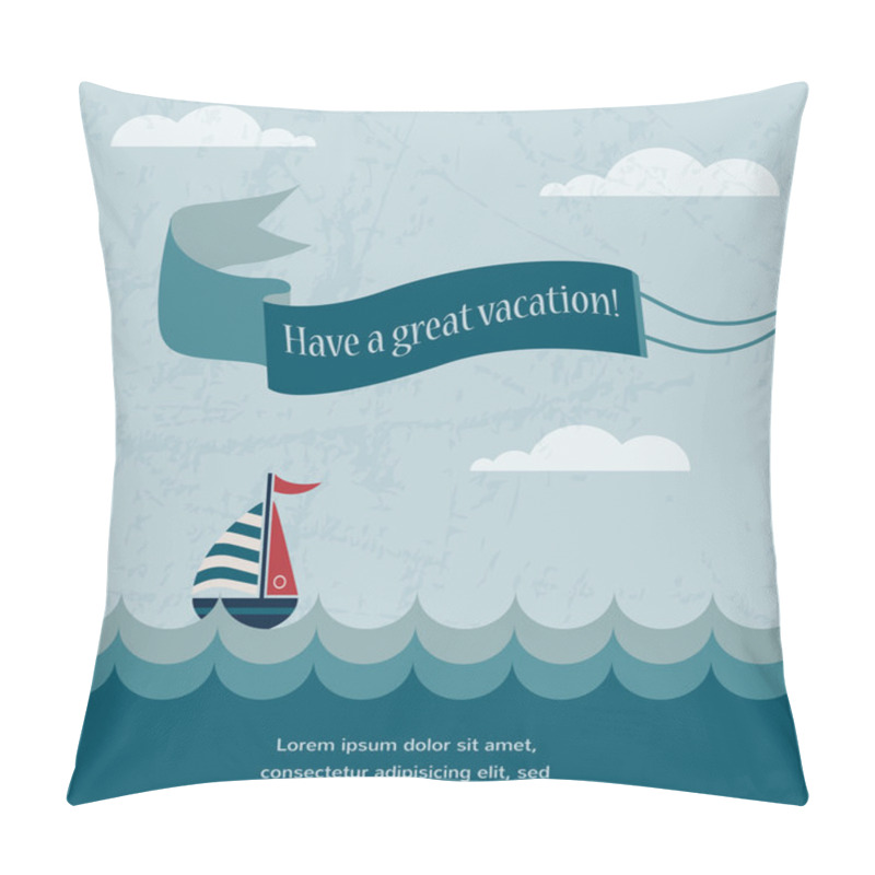 Personality  Retro Summer Poster, With Wavy Sea And Boat Pillow Covers