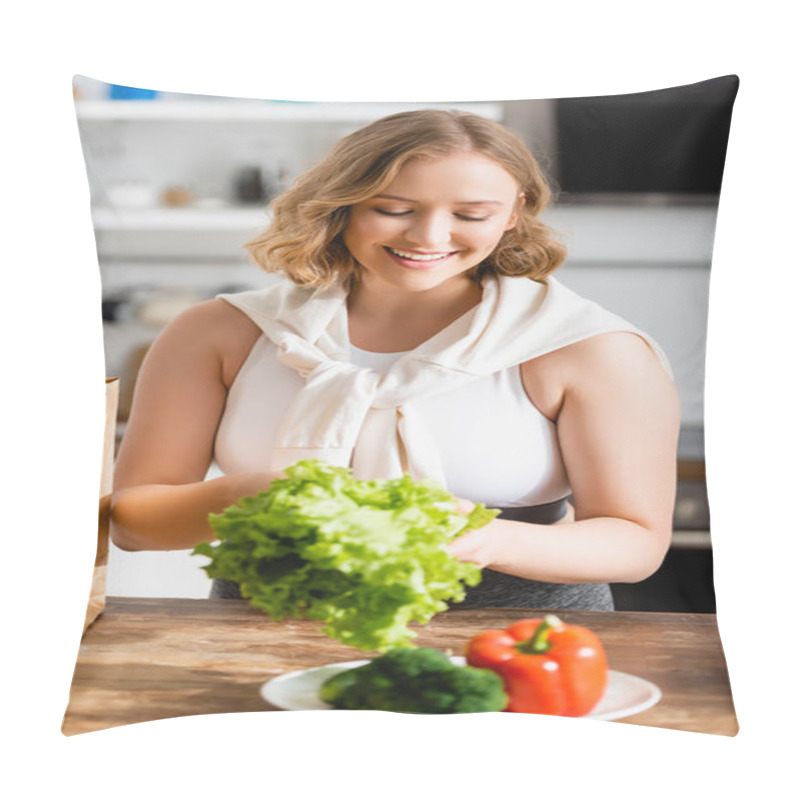 Personality  Selective Focus Of Woman Holding Fresh Lettuce Near Vegetables On Plate Pillow Covers