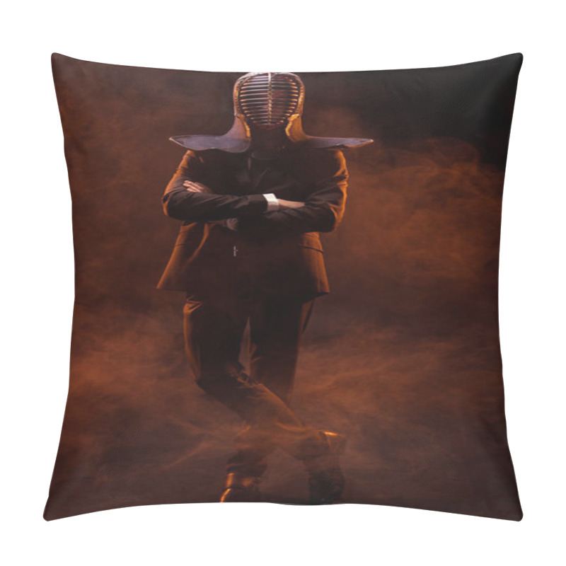 Personality  Full Length View Of Kendo Fighter In Formal Wear And Helmet Standing With Crossed Arms On Dark Pillow Covers