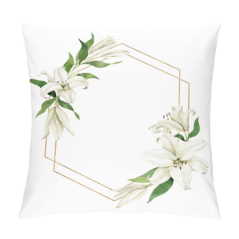 Personality  Watercolor White Lilies With Hexagonal Golden Geometric Frame Isolated On White Background. Hand Drawn Clipart For Wedding Invitations, Greeting Cards, Birthday Invitations. Pillow Covers