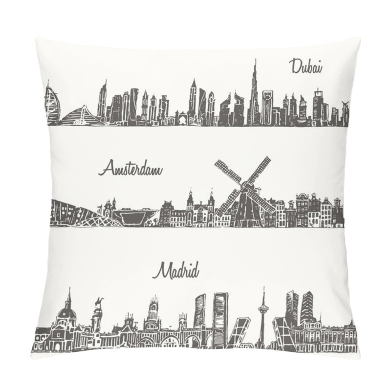 Personality  Set Skylines Dubai Madrid Amsterdam Drawn Sketch Pillow Covers