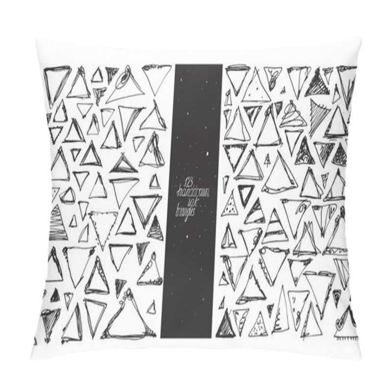 Personality  Set Of 123 Triangles, Made With Hand And Liquid Ink, Freehand, With Lots Of Splashes And Blob Brush Smears. Vector Black And White Illustration, Good For Creative Designs, Drawn With Imperfections. Pillow Covers