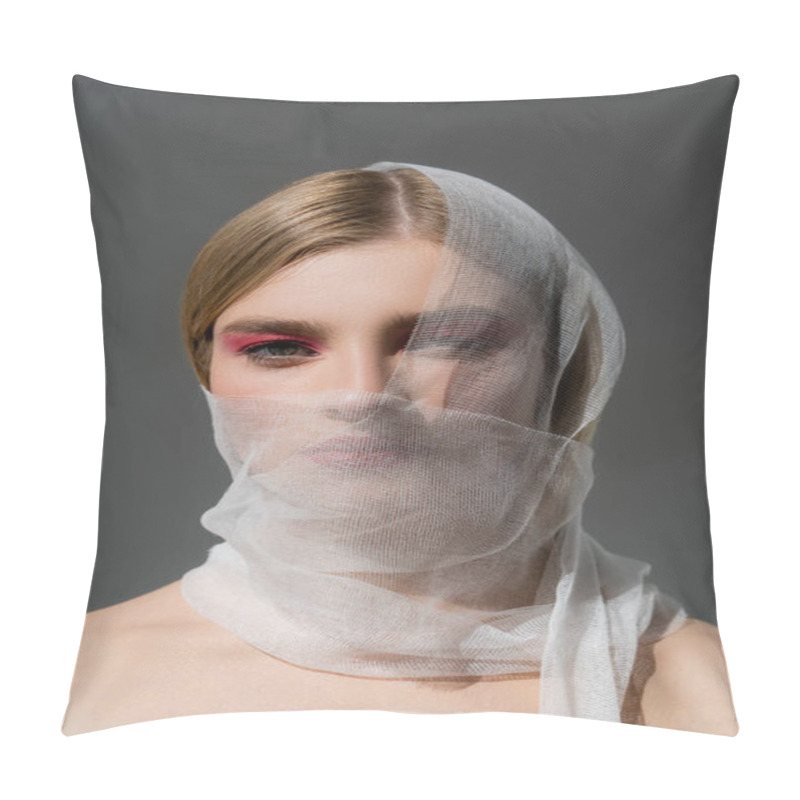 Personality  Young Woman With Naked Shoulders And Medical Bandage On Face Looking At Camera Isolated On Grey  Pillow Covers