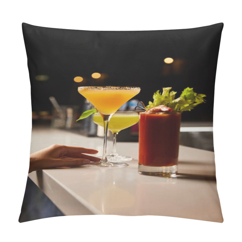 Personality  Cropped View Of Woman Touching Margarita Glass With Fresh Cocktail On Bar Counter  Pillow Covers