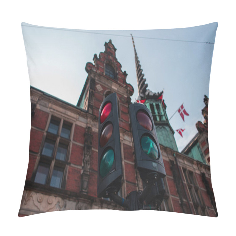 Personality  Selective Focus Of Traffic Lights With Facade Of Borsen Building And Blue Sky At Background In Copenhagen, Denmark  Pillow Covers