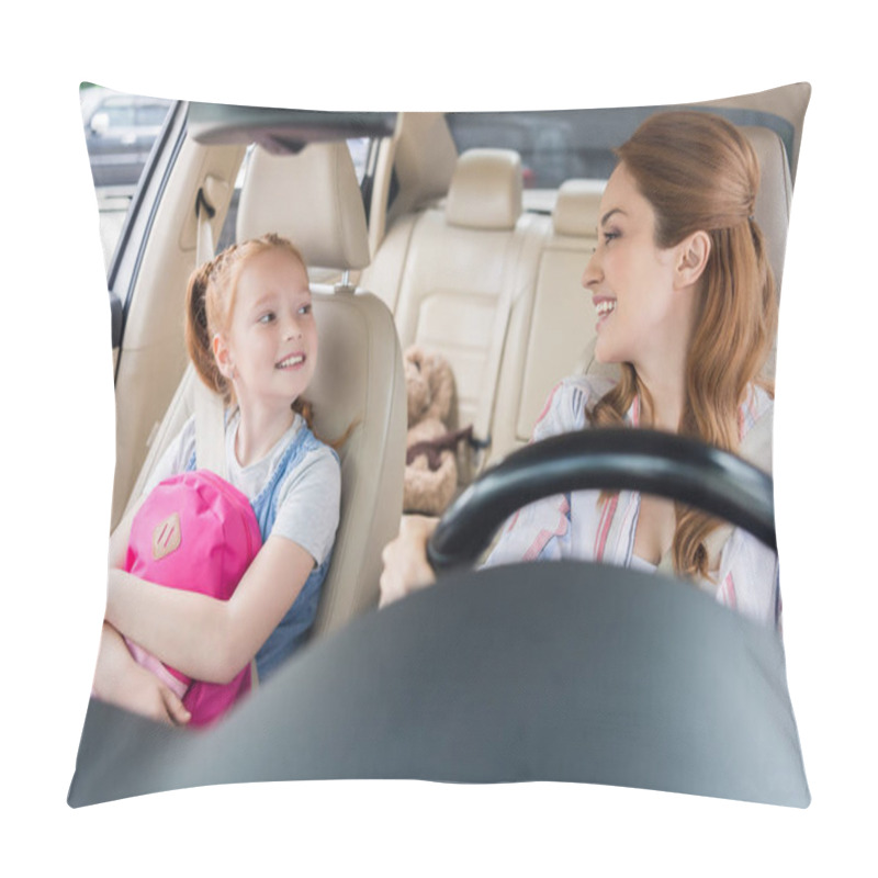 Personality  Portrait Of Smiling Mother Driving Car With Daughter On Passengers Seat Pillow Covers