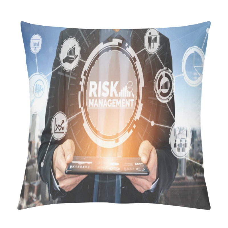 Personality  Risk Management And Assessment For Business Investment Concept. Modern Graphic Interface Showing Symbols Of Strategy In Risky Plan Analysis To Control Unpredictable Loss And Build Financial Safety. Pillow Covers