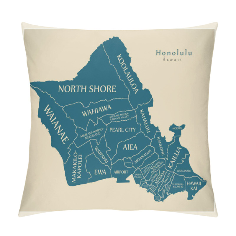 Personality  Modern City Map - Honolulu Hawaii City Of The USA With Neighborhoods And Titles Pillow Covers