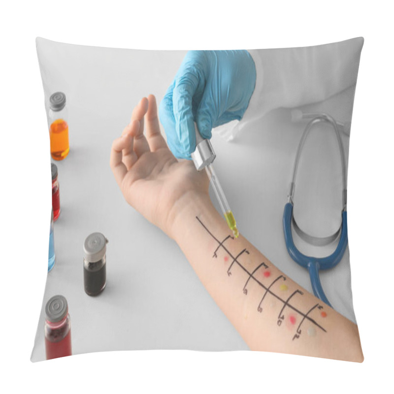 Personality  Doctor Making Allergy Skin Test On Patient's Hand In Clinic, Closeup Pillow Covers