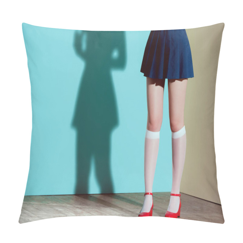 Personality  Cropped Shot Of Girl In Red Shoes, Stockings And Skirt Posing In Studio Pillow Covers