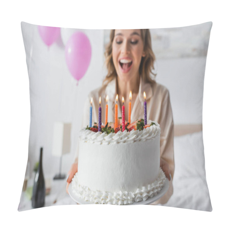 Personality  Birthday Cake In Hands Of Excited Woman On Blurred Background In Bedroom  Pillow Covers