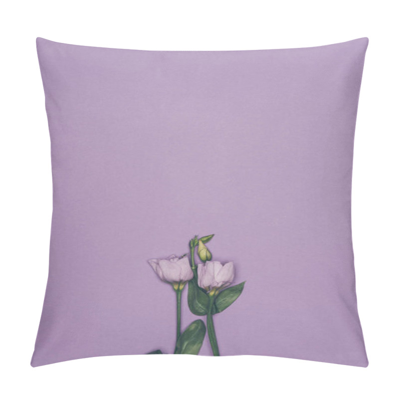 Personality  Top View Of Eustoma Flowers With Green Leaves Isolated On Purple  Pillow Covers