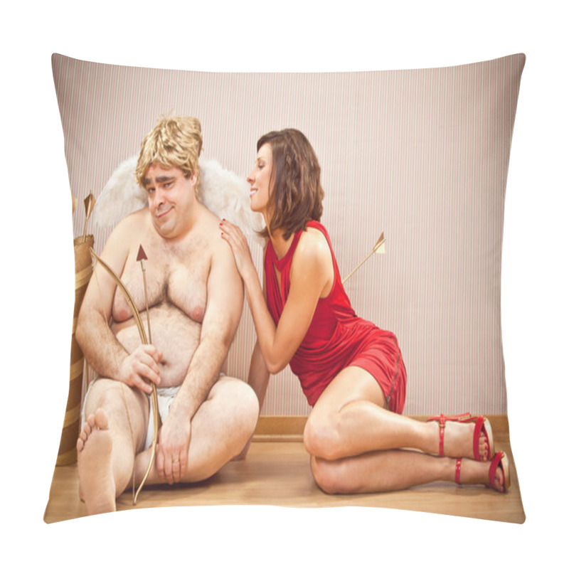 Personality  Beautiful Woman In Love With Tender Cupid For Valentine Day Pillow Covers