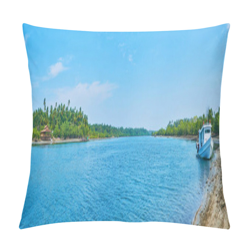 Personality  Panorama Of Pathein River Tributary With Lush Jungle Forests And Small Fishing Villages On The Banks, Ngwesaung, Myanmar. Pillow Covers