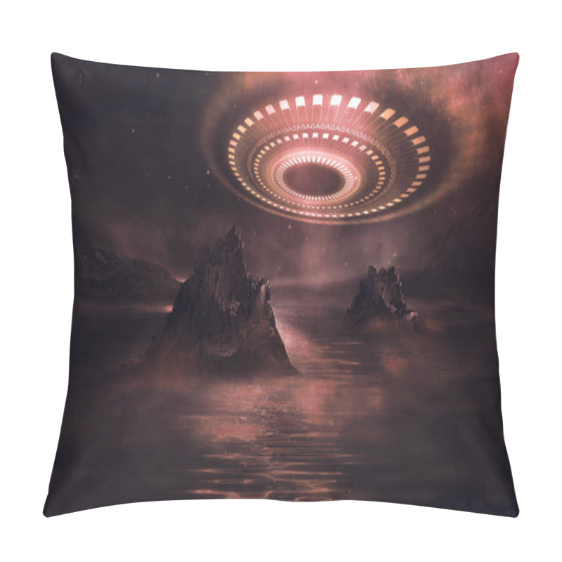 Personality  Futuristic Fantasy Night Landscape With Abstract Landscape And Island, Moonlight, Radiance, Moon, Neon. Dark Natural Scene With Light Reflection In Water. Neon Space Galaxy Portal. 3D Illustration.  Pillow Covers