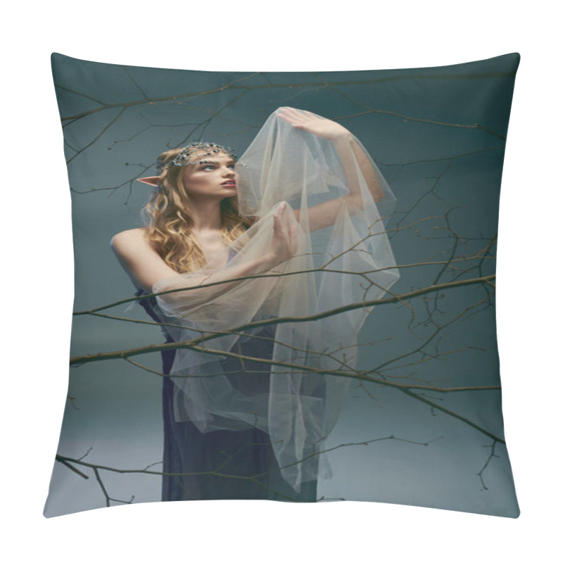 Personality  A Young Woman Dressed As An Elf Princess Stands Gracefully In Front Of A Majestic Tree Wearing A Veil. Pillow Covers