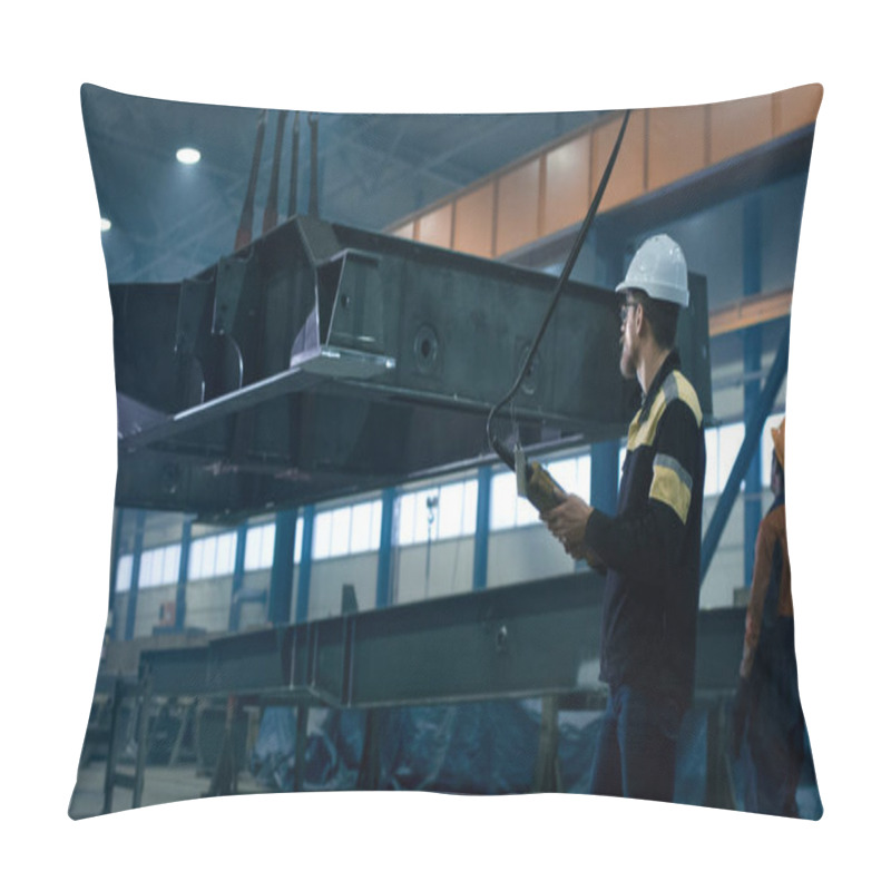 Personality  Heavy Industry Workers Are Moving A Massive Metal Construction O Pillow Covers