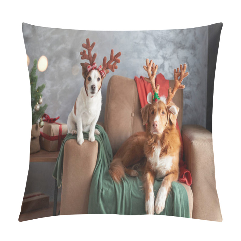 Personality  Two Dogs Celebrate The Holiday Spirit, One With Antlers Perched On A Cozy Chair Beside A Festive Tree, Embodying The Joy Of Christmas Pillow Covers