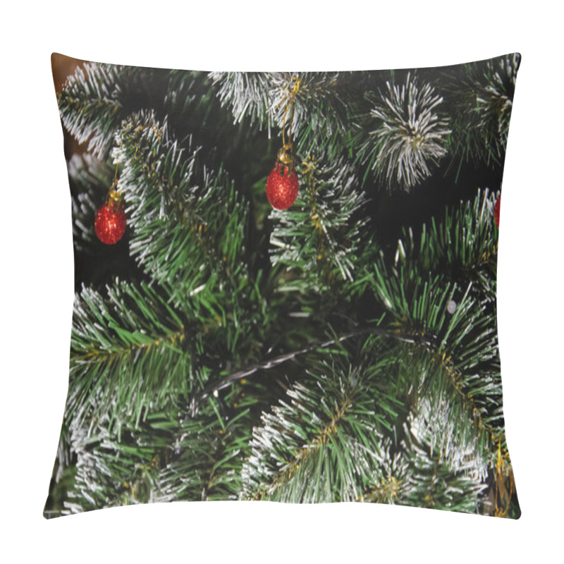 Personality  Artificial Pine Branches In The Snow With Red Christmas Tree Ball Ornaments. Christmas Decorations. Seasonal Winter Holiday. New Year Concept. New Year's Mood. Pillow Covers