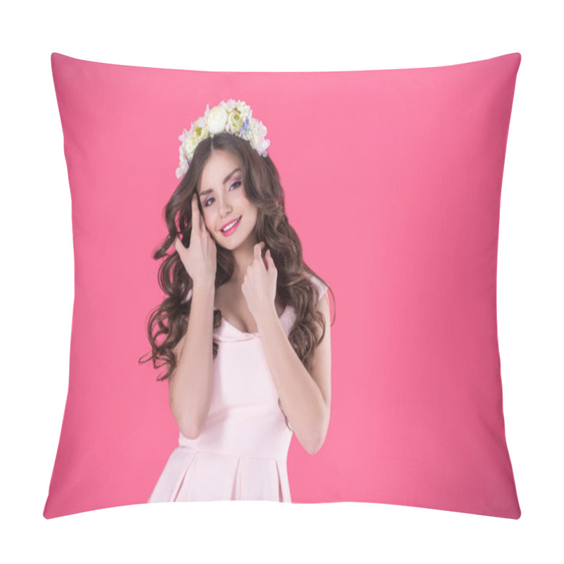 Personality  Beautiful Girl With Flowers Wreath On Head Touching Face Isolated On Pink Pillow Covers