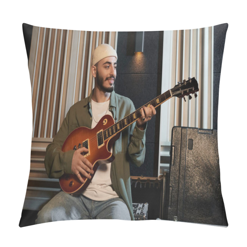 Personality  A Musician Strums A Guitar In A Recording Studio During A Music Band Rehearsal. Pillow Covers