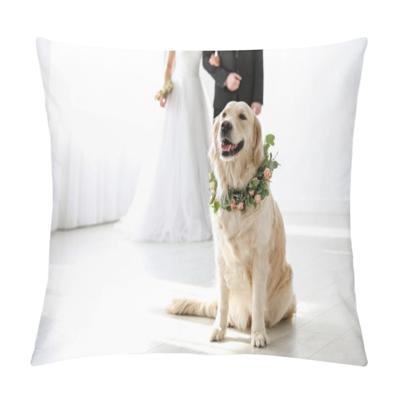 Personality  Adorable Golden Retriever Wearing Wreath Made Of Beautiful Flowers On Wedding Pillow Covers