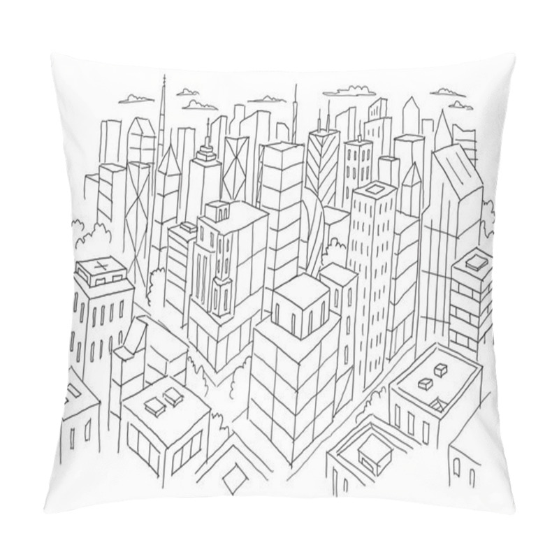 Personality  Big City View From The Top Sketch. Hand Drawn Vector Stock Line Illustration. Building Architecture Landscape. Pillow Covers