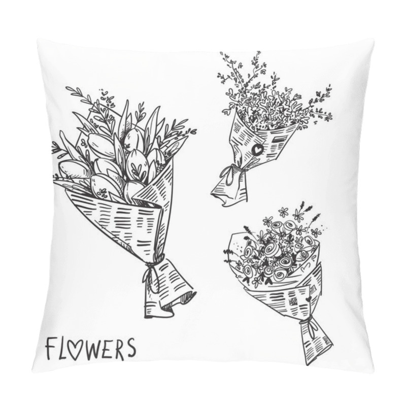 Personality  Vector Black And White Line Drawing Of Flower Bouquets Wrapped In Newspaper Pillow Covers