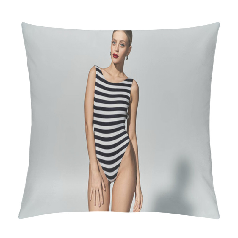 Personality  A Fashionable Blonde Woman Striking A Pose In A Chic, Black And White Striped Swimsuit. Pillow Covers