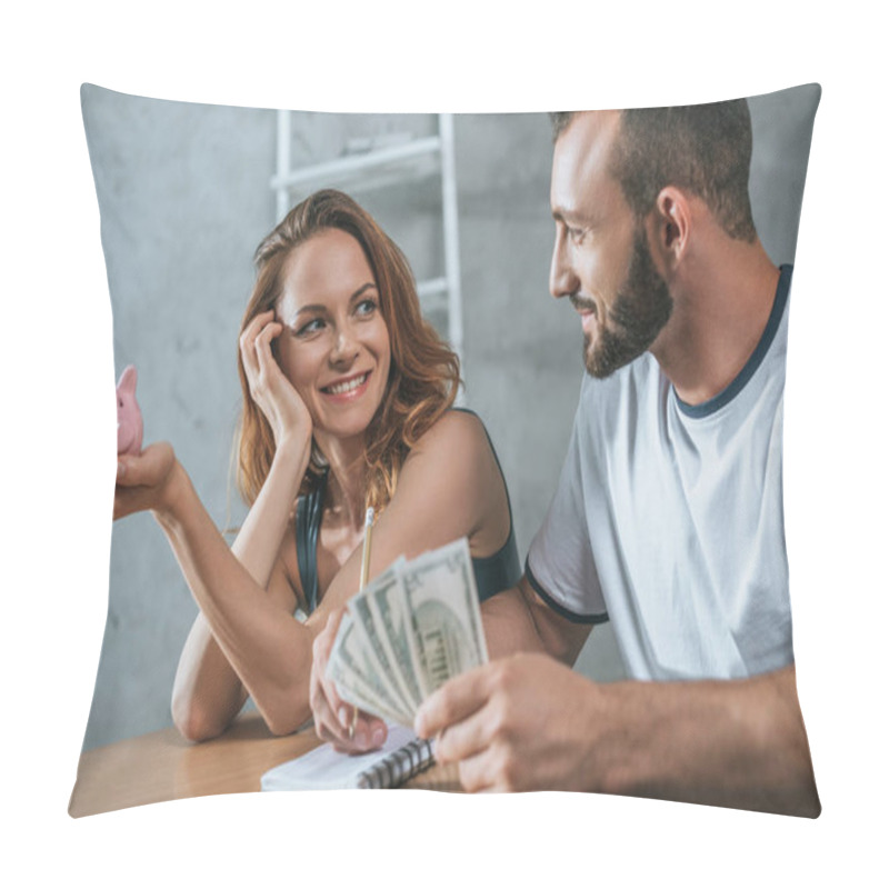 Personality  Happy Couple Planning Family Budget And Looking At Each Other In Living Room Pillow Covers