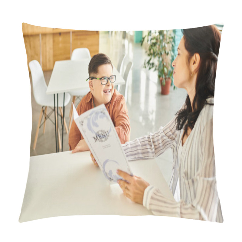 Personality  Loving Jolly Mother Sitting In Cafe With Her Inclusive Son With Down Syndrome With Glasses And Menu Pillow Covers