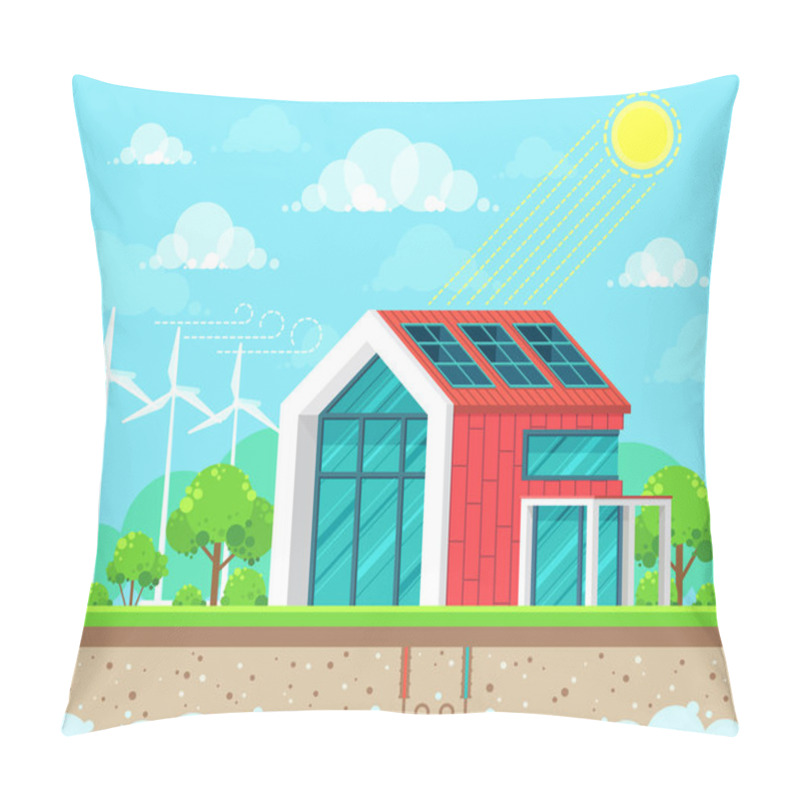 Personality  Flat Style Design Vector Illustration Of Landscape On Ecology Theme. Solar, Geothermal And Wind Energy Idea Concept Pillow Covers