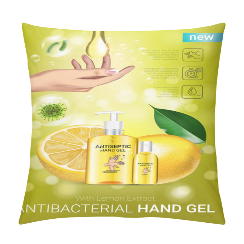 Personality  Lemon Flavor Antibacterial Hand Gel Ads. Vector Illustration With Antiseptic Hand Gel In Bottles And Lemon Elements Pillow Covers