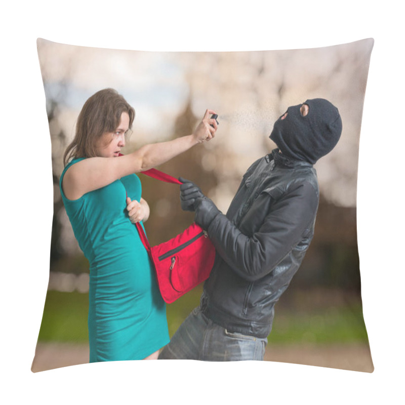 Personality  Self Defense Concept. Young Woman Is Spraying With Pepper Spray On Thief. Pillow Covers