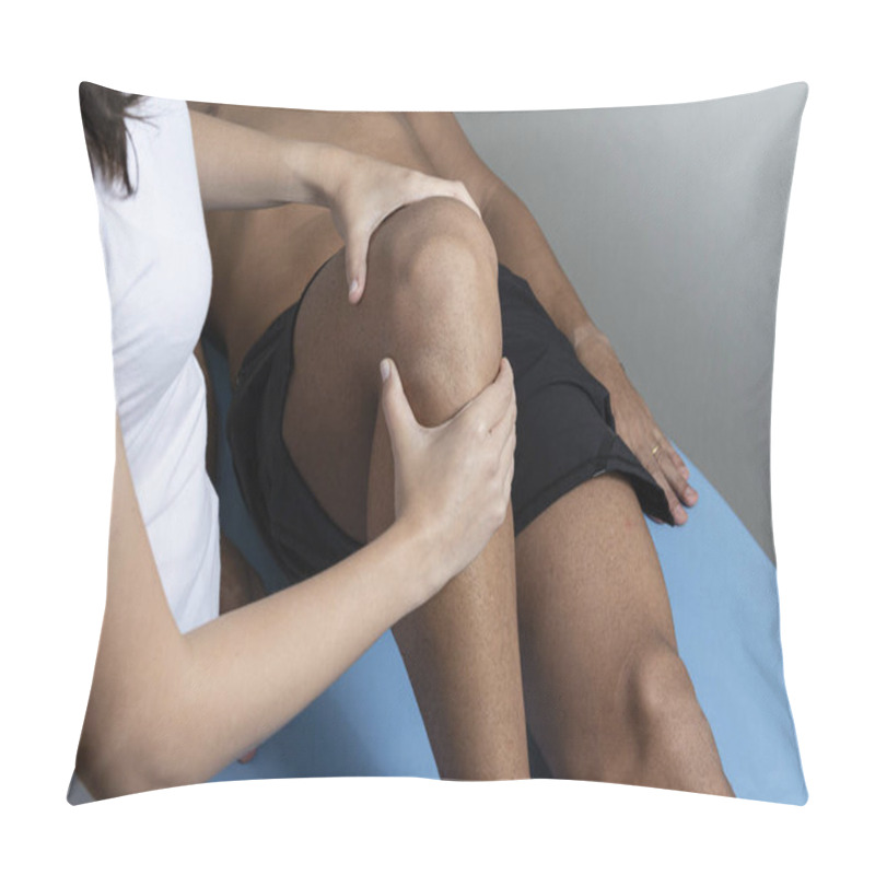 Personality  Therapist Treating Injured Knee Of Athlete Male Patient - Sport Physical Therapy Concept. Pillow Covers