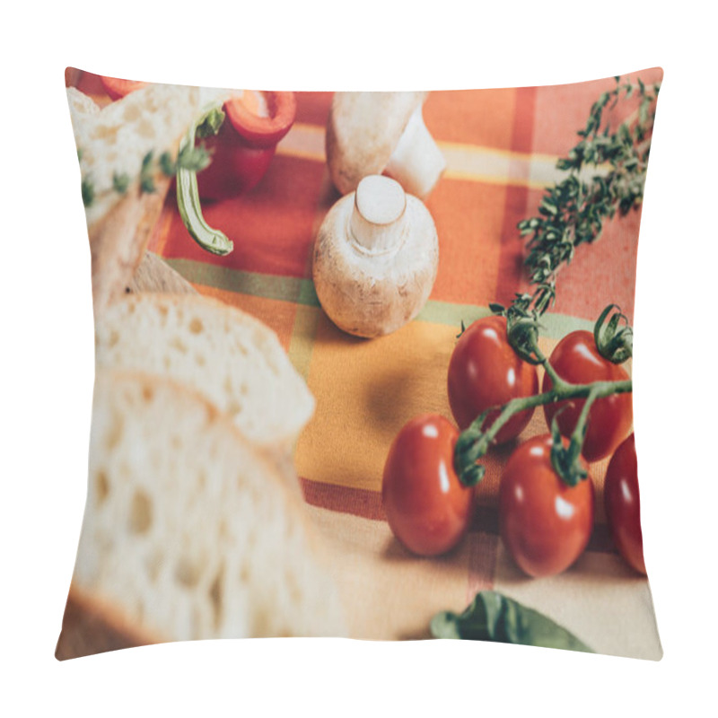 Personality  Fresh Ripe Cherry Tomatoes, Mushrooms And Sliced Bread On Table Napkin Pillow Covers