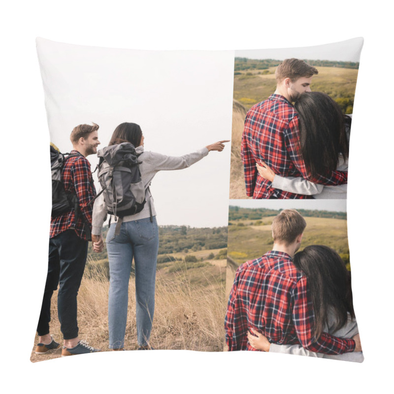 Personality  Collage Of Interactional Couple With Backpacks Holding Hands And Hugging Outdoors  Pillow Covers