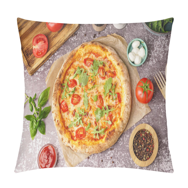 Personality  Baking Paper With Tasty Pizza Margarita And Bowl Of Mozzarella On Dark Table Pillow Covers