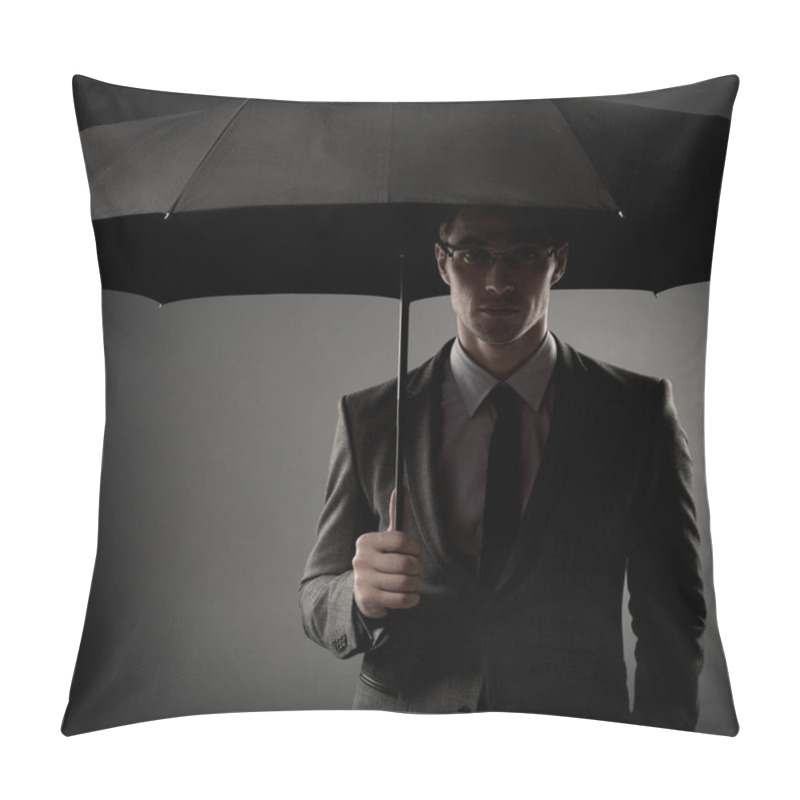 Personality  Businessman In Costume Holding Black Umbrella Pillow Covers